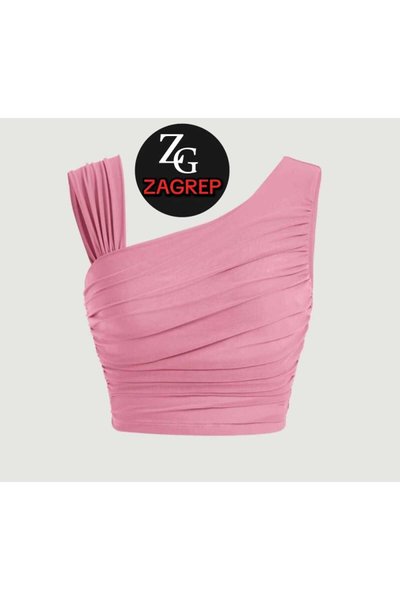 Cropped Draped Shirred Bustier with Shoulder Detail - Powder Pink