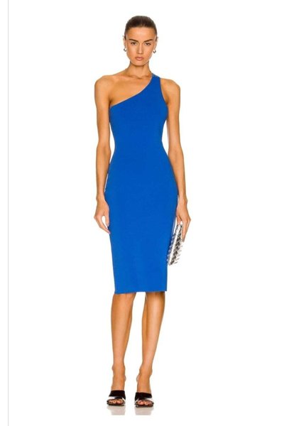 فستان ميدي أزرق كوبالت جيرسي حريري بكتف واحد