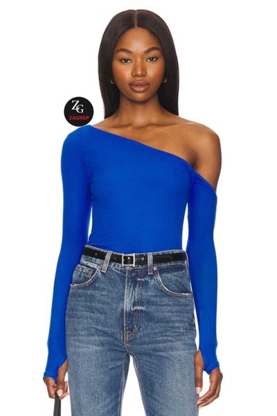 بلوزة جيرسيه مزدوجة الطبقات - ياقة غير متماثلة - فتحات أصابع - أزرق كوبالت وأسود