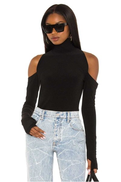 Drop Shoulder Turtleneck Thumb Hole Blouse - Black