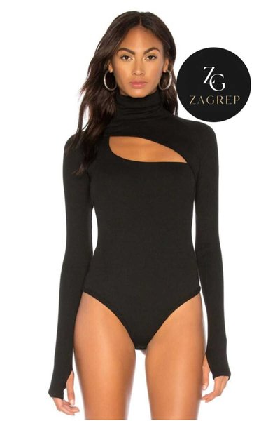 Siyah Balıkçı Yaka İpek Jarse Pencereli Parmak Geçmeli Body