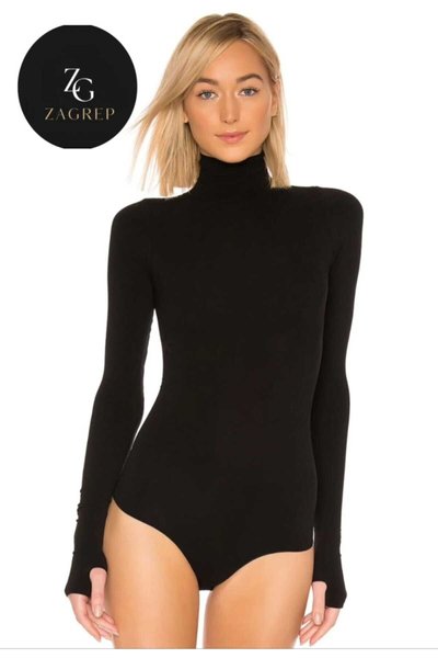 Siyah Balıkçı Yaka Parmak Geçmeli İpek Jarse Body