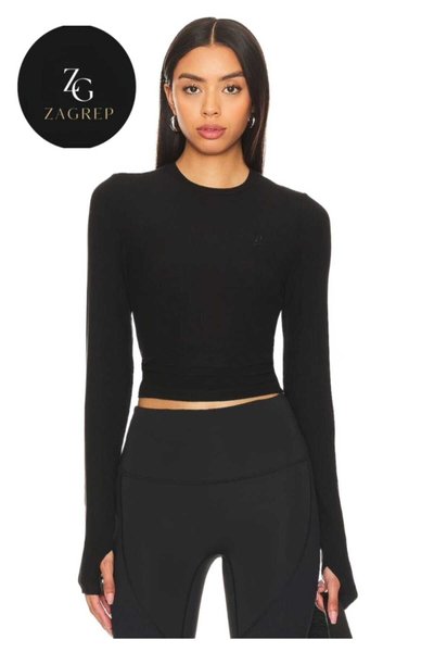 Crew Neck Double-Layered Thumb Hole Crop Top - Black