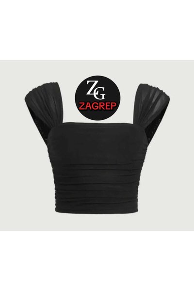 Siyah Crop Büzgülü Drapeli Kollu İpek Jarse Büstiyer