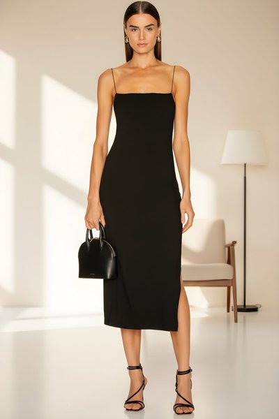 Midi Silk Jersey Spaghetti Strap Slit Dress - Black