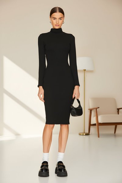 Midi Turtleneck Silk Jersey Long Sleeve Dress - Black