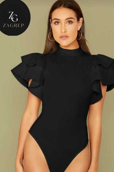 Silk Jersey Ruffled-Sleeve Bodysuit - Black