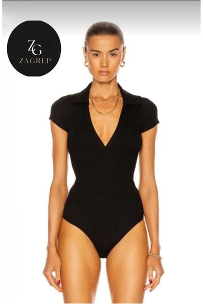 بودي جيرسيه أسود مزدوج بأكمام قصيرة وياقة بصف أزرار