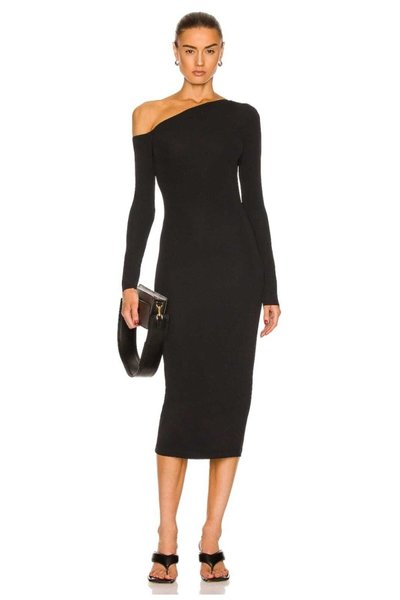 Midi Double-Layered Drop-Shoulder Asymmetric-Neck Dress - Black