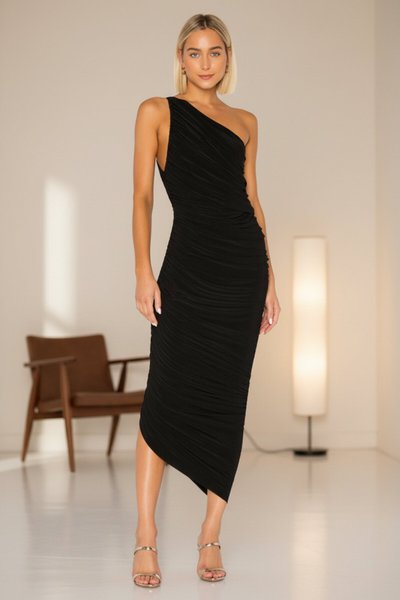 Midi Ruched Draped Evening Dress - Black