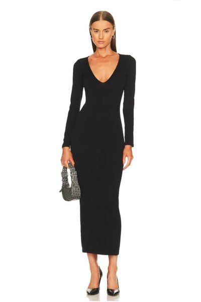 Midi Silk Jersey Lined V-Neck Dress - Black