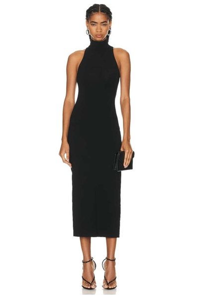 Midi Silk Jersey Mock Neck Evening Dress - Black