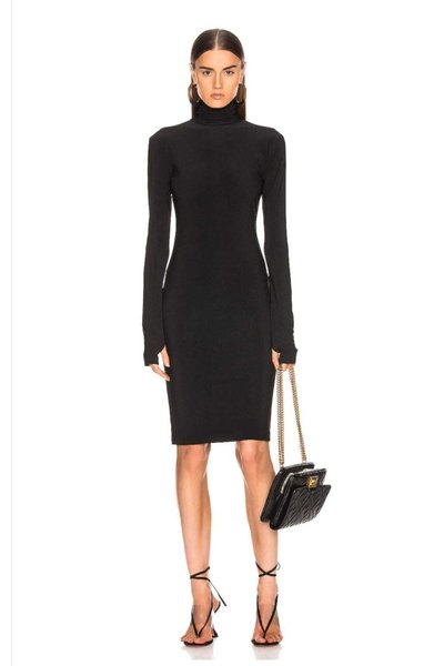 Siyah Midi Jarse Balıkçı Yaka Parmaklı Elbise