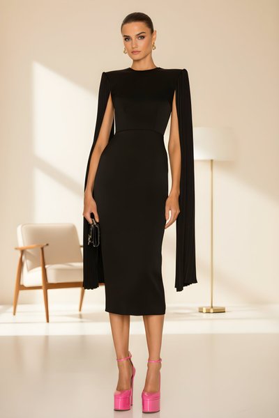 Midi Sleeve Padded Silk Jersey Back-Slit Evening Dress - Black