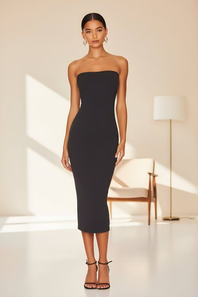 Midi Strapless Silk Jersey Slit Dress - Black