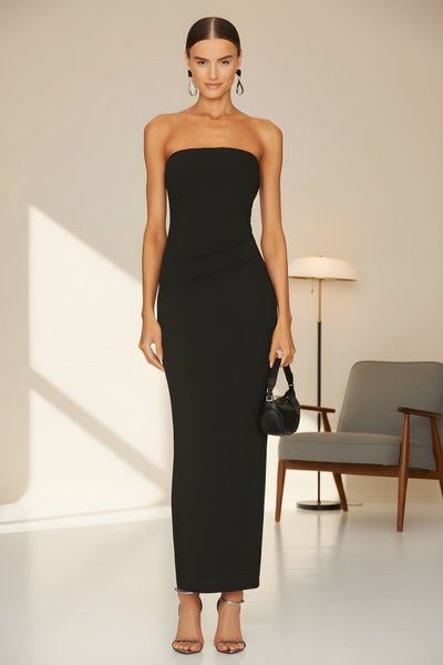 Long Strapless Double Layered Dress - Black