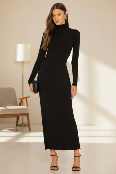 Long Turtle Neck Open Back Evening Dress - Black