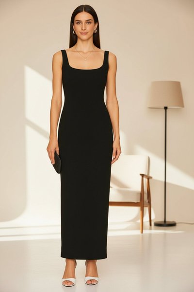 Long Silk Jersey Square Neck Back Slit Evening Dress - Black