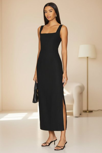 Long Lined Silk Jersey Square Neck Wide Strap Evening Dress - Black