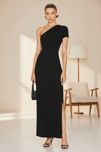 Long Short-Sleeve Side-Slit Detailed-Collar Evening Dress - Black