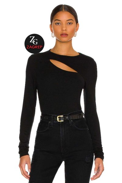 Siyah Uzun Kol İç Göstermez İpek Jarse Önü Pencereli Bluz