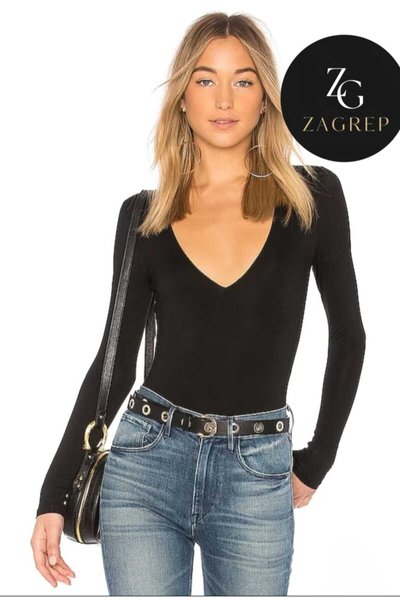 Long Sleeve Silk Jersey V-Neck Bodysuit - Black