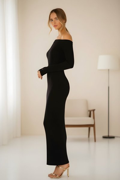 Long Strapless Lined Slit Thumb-Hole Dress - Black