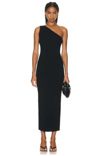 Long One-Shoulder Cowl Neck Evening Dress - Black
