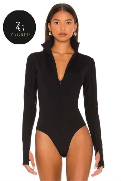 Siyah Yarım Balıkçı Yaka Gizli Fermuarlı Parmak Geçmeli İpek Jarse Body
