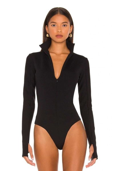 Mock Neck Silk Jersey Thumbhole Concealed-Zip Bodysuit - Black