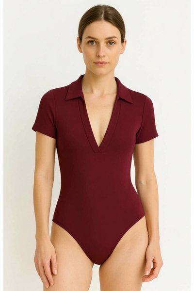 Bordo Kısa Kollu İpek Jarse Patlı Yakalı Body