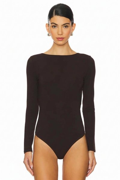 Silk Jersey Cowl Neck Open Back Criss-Cross Strap Bodysuit - Brown
