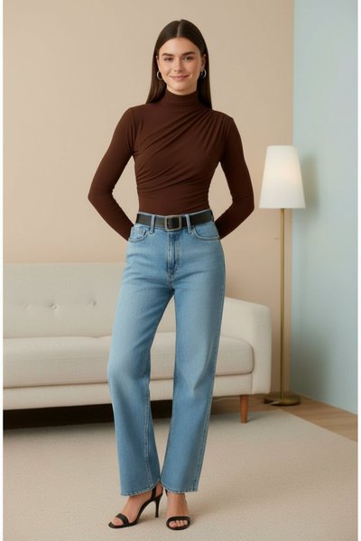 Long Sleeved Ruched Blouse - Coffee