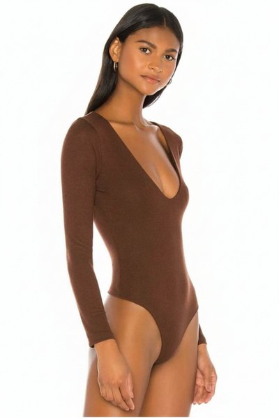 V-Neck Silk Jersey Double-Layered Bodysuit - Brown