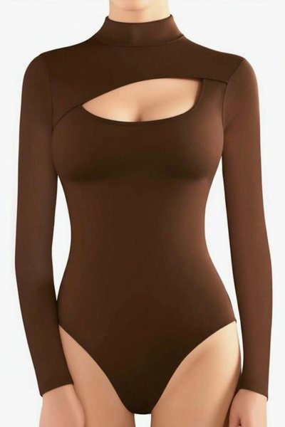 Mock Neck Silk Jersey Double Layered Bodysuit - Brown