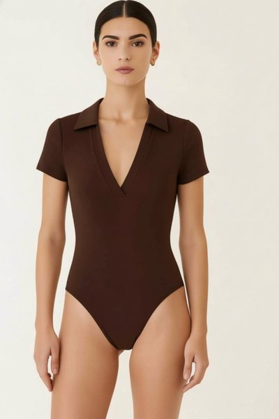 Kahverengi Kısa Kollu İpek Jarse Patlı Yakalı Body