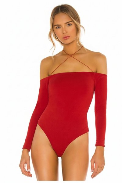 Halter Neck Double-Layered Crisscross Strap Bodysuit - Red