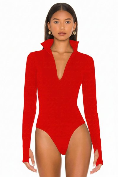Double-Layered Silk Jersey Concealed-Zip Thumbhole Bodysuit - Red