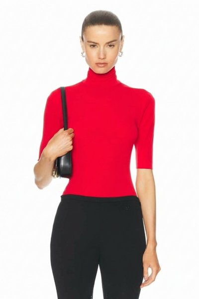 Short Sleeve Turtleneck Opaque Blouse - Red