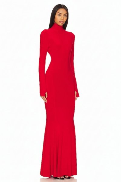 Silk Jersey Ruffled Finger-Loop Evening Dress - Red