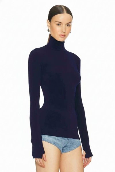 Turtleneck Silk Jersey Thumb-Hole Blouse - Navy