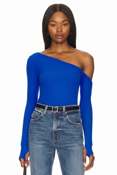 Double Layer Silk Jersey Asymmetric Neck Thumbhole Blouse - Sapphire Blue/Black