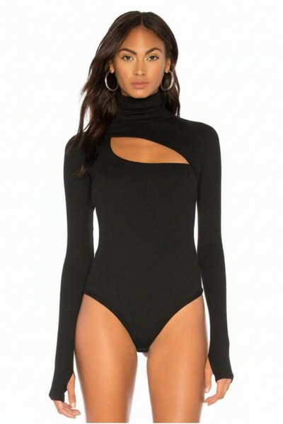 Turtleneck Silk Jersey Cut-Out Thumb-Hole Bodysuit - Black