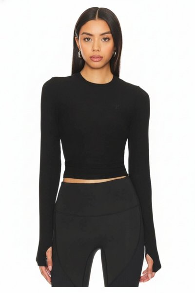 Crew Neck Double-Layered Thumb Hole Crop Top - Black
