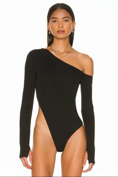 Silk Jersey Opaque Thumb-Hole Shoulder-Detail Bodysuit - Black
