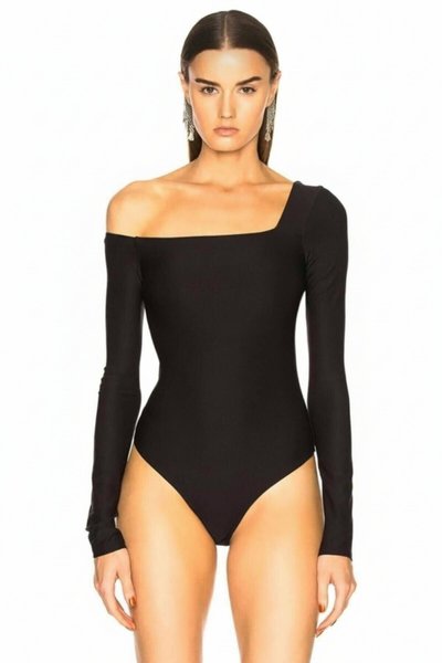 L-Style Silk Jersey Double-Layer Opaque Bodysuit - Black