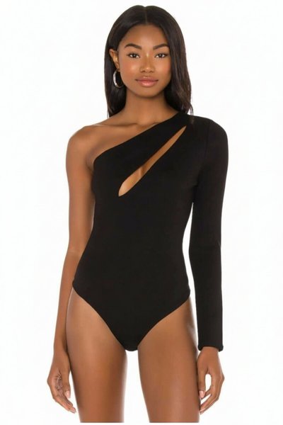One-Sleeve Shoulder Cutout Front Slit Bodysuit - Black