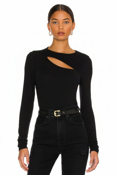 Long Sleeve Opaque Silk Jersey Front Cutout Blouse - Black
