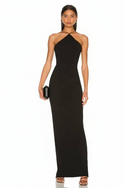 Long Elasticated Silk Jersey Backless Slit Evening Dress - Black