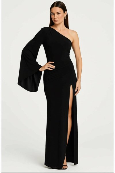 Long Silk Jersey One-Shoulder Slit-Sleeve Detail Evening Dress - Black